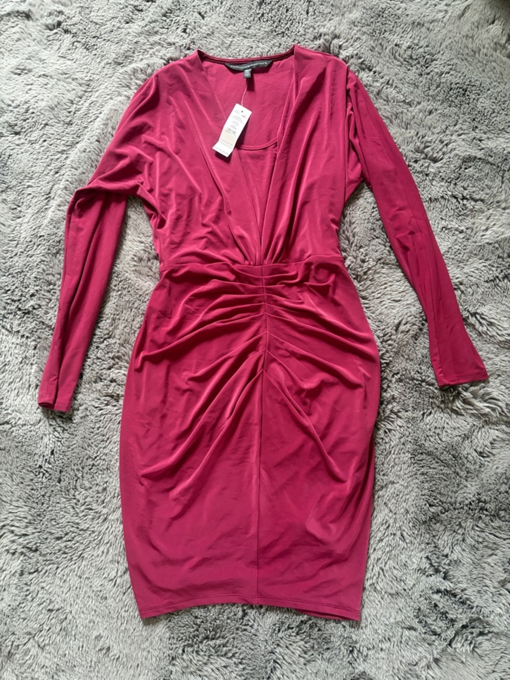 WHBM Magenta Red Jersey Long Sleeve Ruched Front Sheath Dress (NWT)